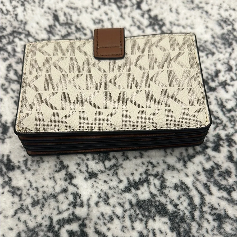 Michael Kors Cream and Brown Logo Card Case Wallet